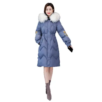 

embroidered parka coat women S-2XL plus size black blue beige jacket winter long sleeve hooded plus thick warmth clothing LR442