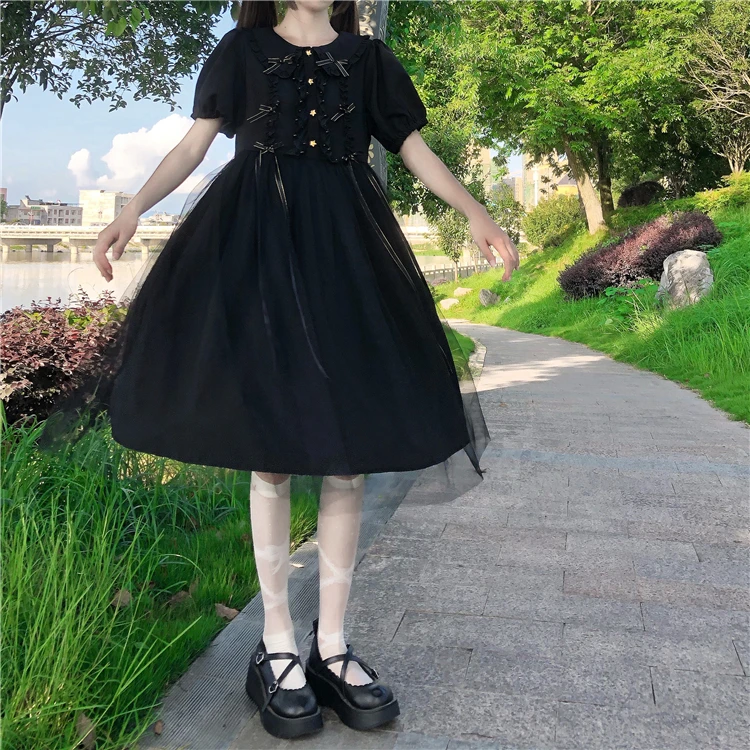 Japanese Summer Vintage College Style Dress Sweet Peter Pan Collar Soft Girl Bow Kawaii Puff Sleeve Black Gauze Fluffy Dresses