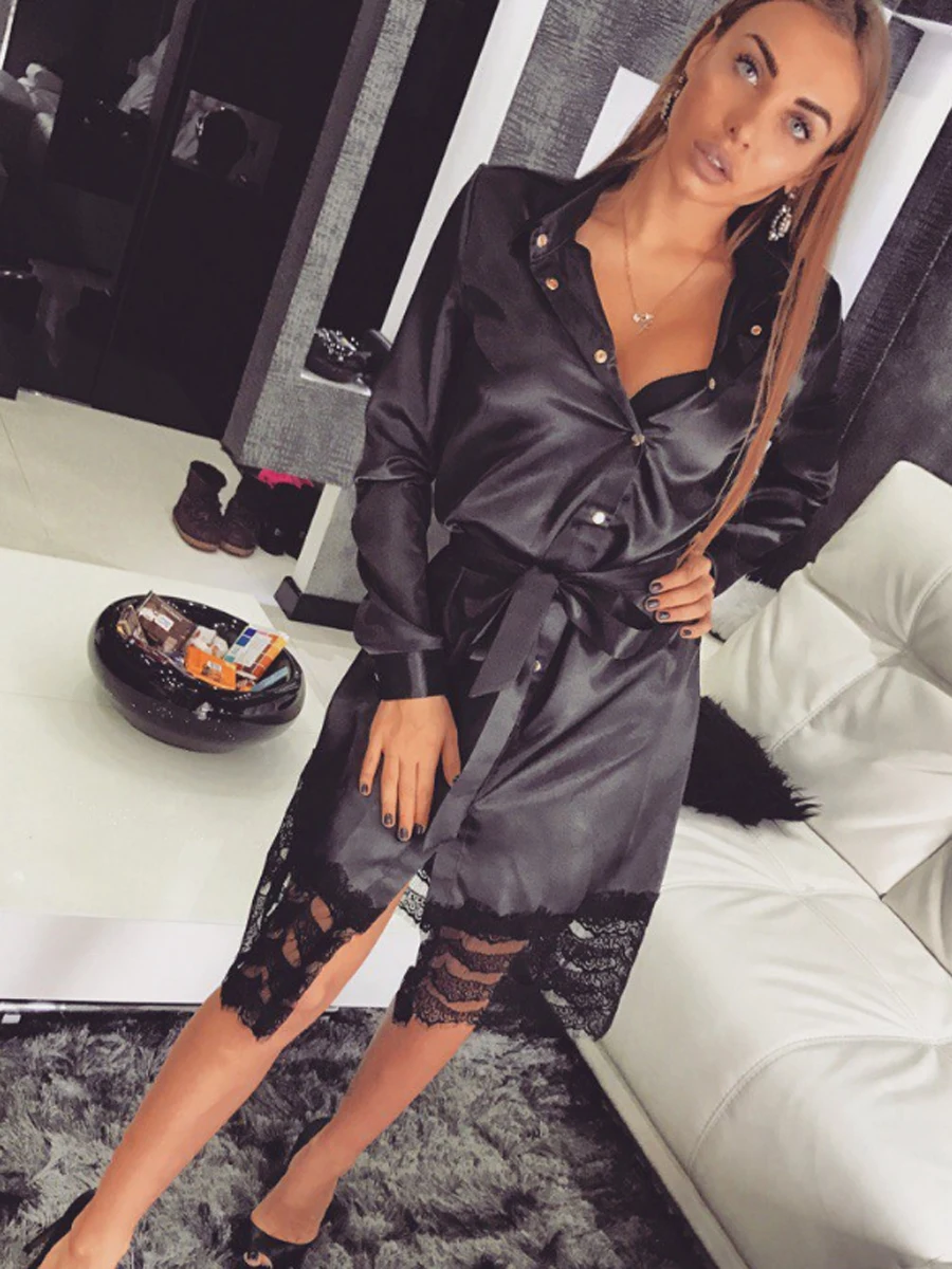 New Fashion Women Sleep Tops Autumn Winter Full Sleeve Length Solid Pattern Type Turn-down Collar Lace Decoration