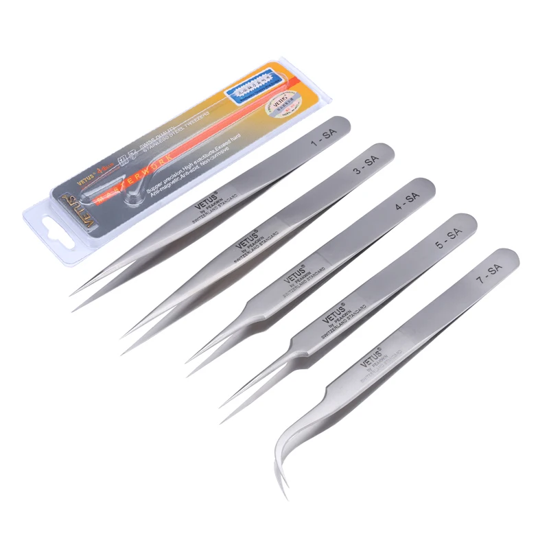 

Vetus SA Series Electronics Industrial Tweezers Antimagnetic Curved Straight Tip Precision Exceed hard Forceps Phone Repair Tool