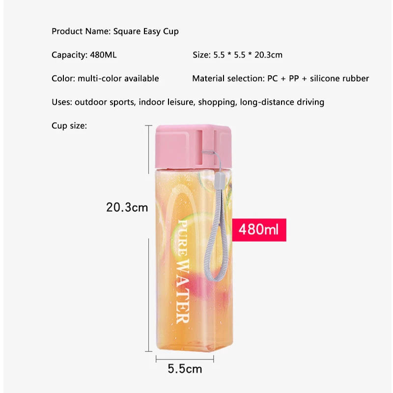 480ml Square Water Bottle Plastic Drinking Bottle Sports Water Cup With Portable Rope Leak-Proof Outdoor Juice Bottle Drinkware