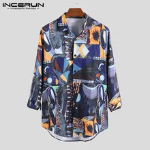 INCERUN/рубашка с длинными рукавами мужские с принтом в Корейском стиле свободные модные Гавайские брендовые рубашки с отворотом мужские уличные Топы в стиле хип-хоп