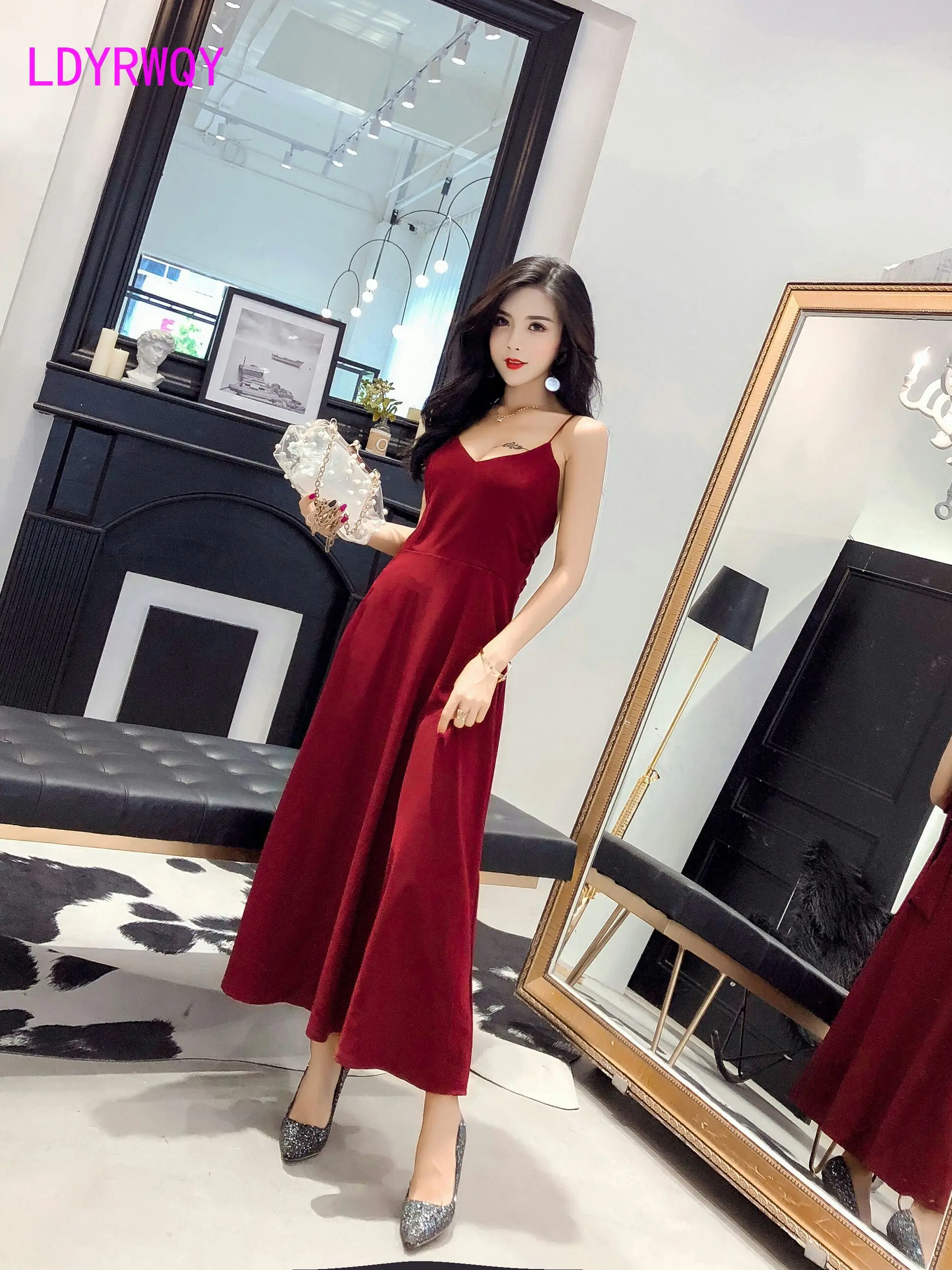 

2019 new Korean version of the winter red long section was thin sexy dress female Ankle-Length Spaghetti Strap