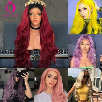 

OLEY Hair Long Wavy Purple Wig Heat Resistant Synthetic Lace Front Wig Glueless Yellow Pink Blonde Cosplay Wigs For Black Women