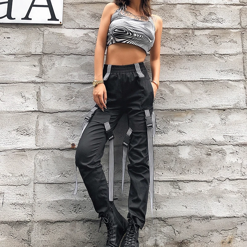 IAMHOTTY/Лоскутная уличная одежда с ленточной пряжкой; спортивные штаны с высокой талией в стиле панк, Харадзюку; модные джоггеры; женские Мешковатые брюки-карго в стиле хип-хоп