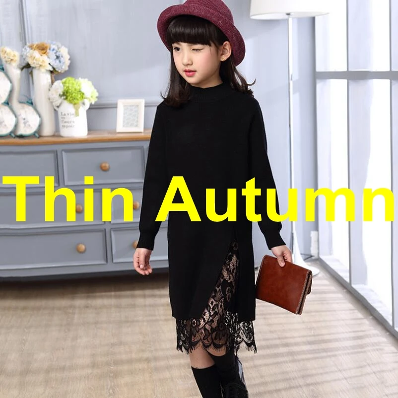 black thin autumn Весенне-осенне-зимняя одежда для маленьких детей; пуловер для крупных девочек; свитер с длинными рукавами; детские вязаные свитера; кружевное платье; топы - Цвет: black thin autumn