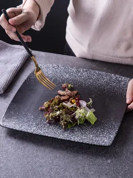 

Japanese tableware ceramic dish creative retro black frosted tableware family dinner steak dish dessert plate fruit salad plate