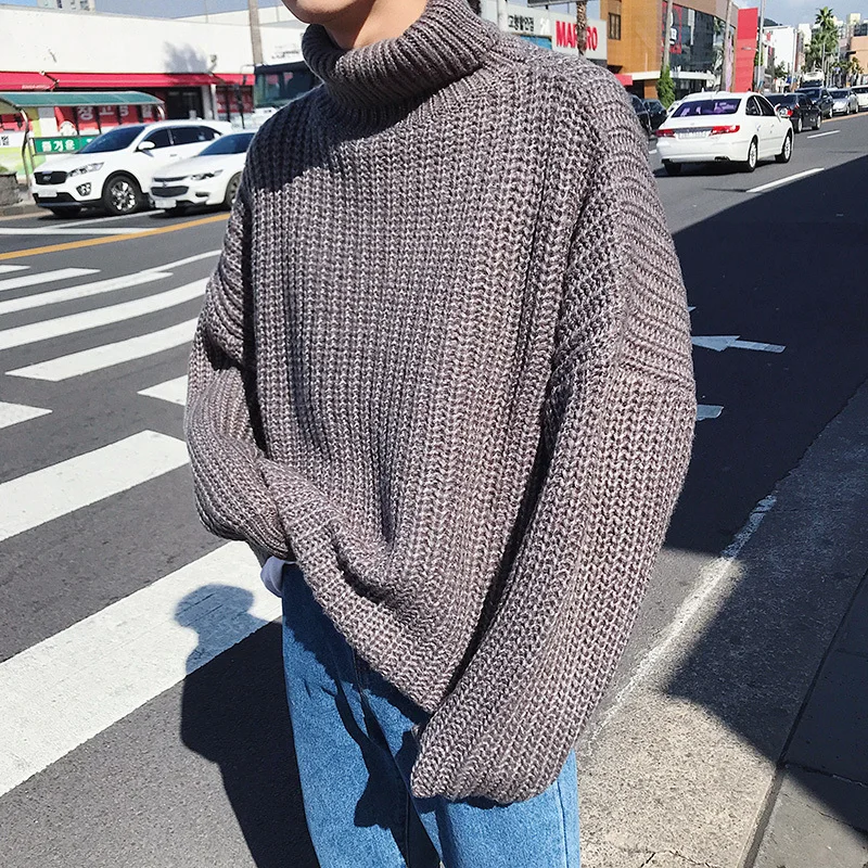 Winter New High Collar Sweater Men's Warm Fashion Solid Color Casual Knit Sweater Man Wild Loose Long Sleeve Pullover Men