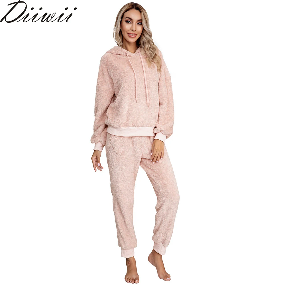 

Diiwii New Two Piece Set Women Ensemble Fashion Casual Pockets Plush Long Sleeve Pants Home Suit