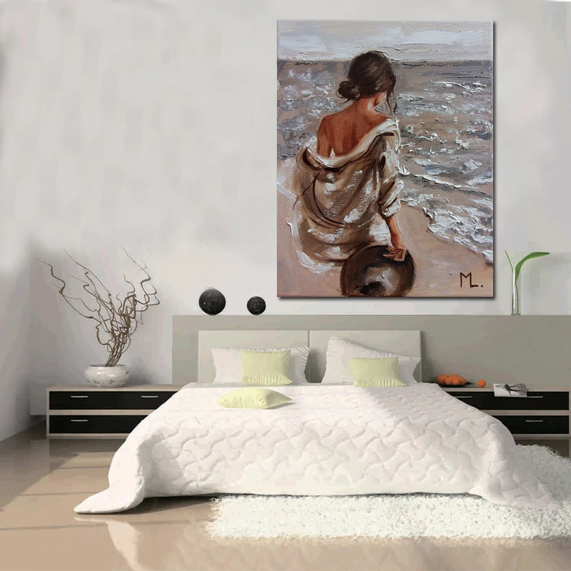 Canvas Painting Living Room Decoration Oil Painting Poster PrintNaked Shoulder Girl With Hat In Hand Facing The Waves Frameless