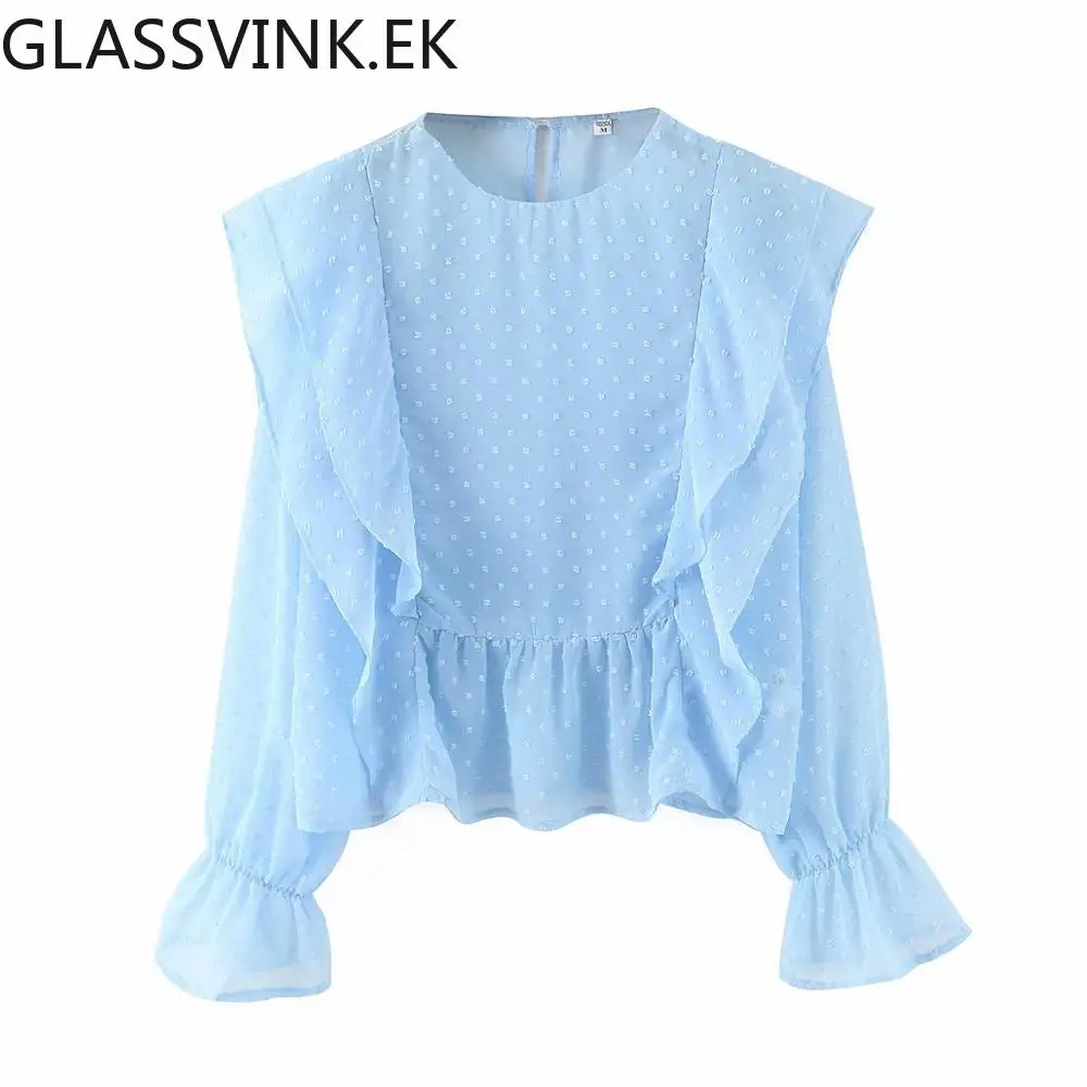 

Women 2020 Fashion Ruffled Dot Chiffon Blouses Vintage O Neck Long Sleeve Female Shirts Blusas Chic Tops