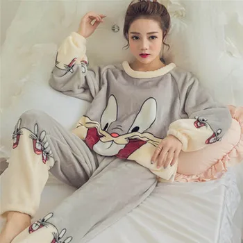 

2020 Winter Women Pajamas Flannel Cartoon Pajamas Set Cute Female Sleepwear 2 Pieces Thickening Warm Home Clothes Pyjamas Suit