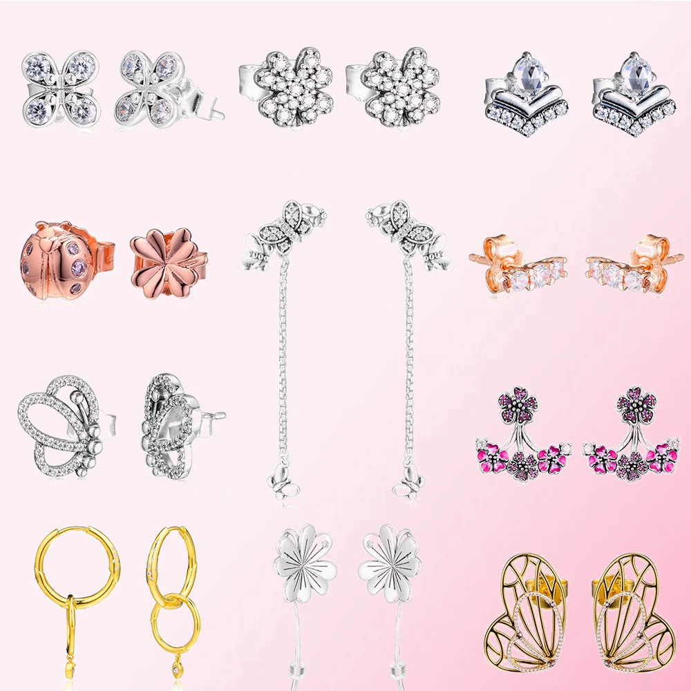 

2019 Spring Four-leaf Clover Butterfly Ladybug Peach Flower Stem Long Ear Pierced Ear Jewelry for Women 925 Sterling Silver