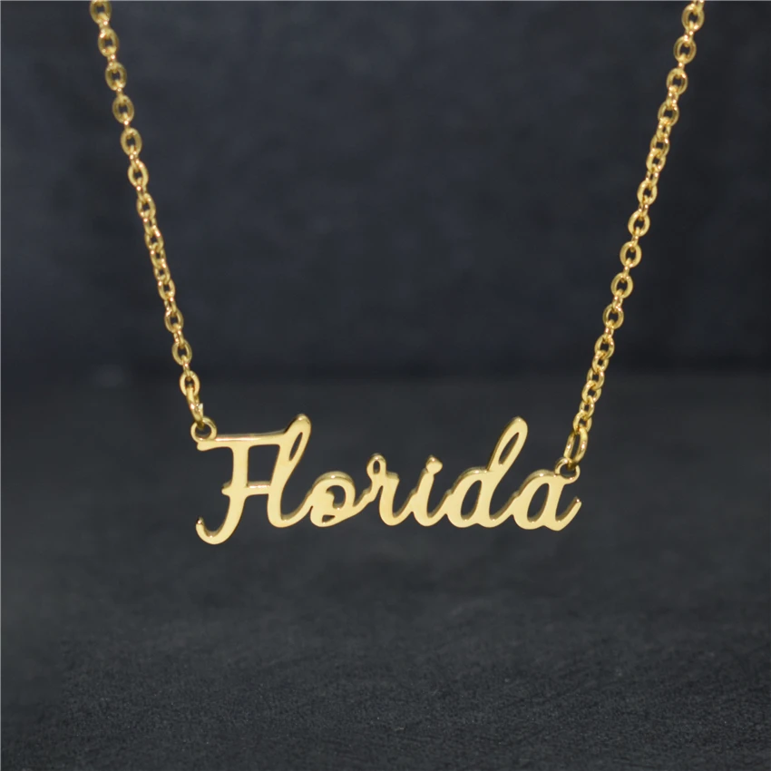Letter Charms Gold Choker Dainty Florida Necklace FL State Pendants United States Jewelry For Women Men Stainless Steel BFF | Украшения и