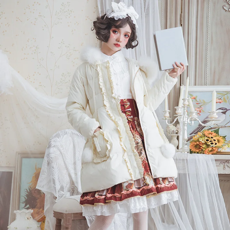 

Brocade Garden Dress Lolita Autumn And Winter New Style Thick Warm Pocket Fur Collar Witch Hat down Feather Cotton Jacket