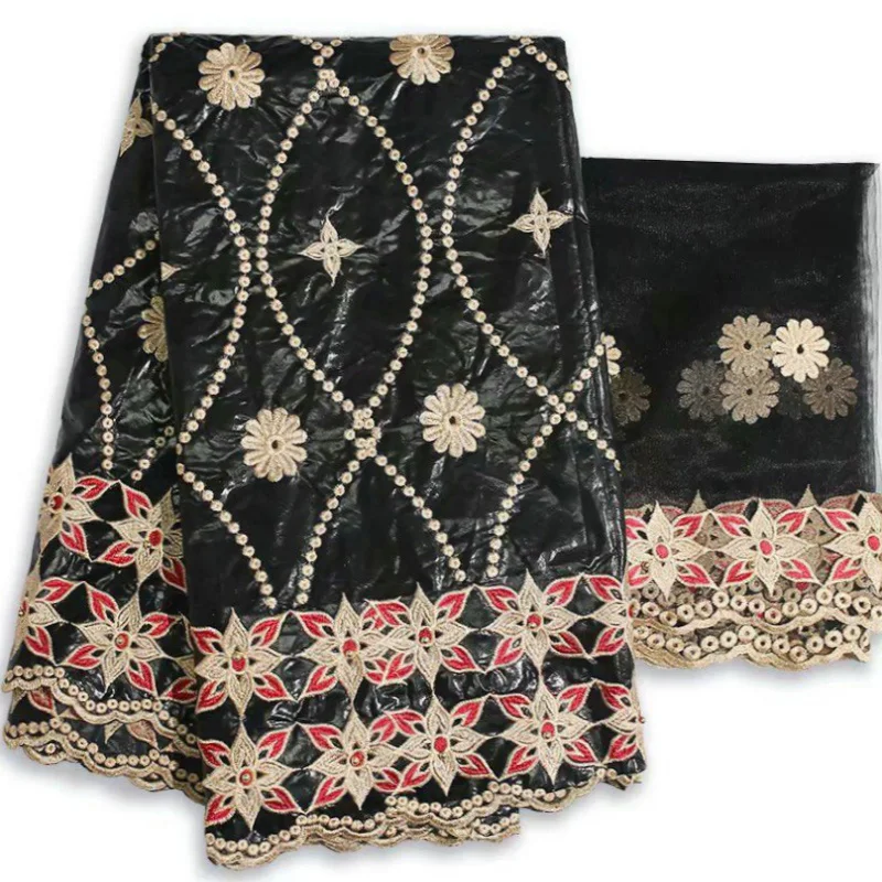 Популярный дизайн Таинственный узор с бисером 5 ярдов Базен Riche и 2 ярдов чистая кружевная ткань KY60 Быстрая африканская восковая кружевная ткань