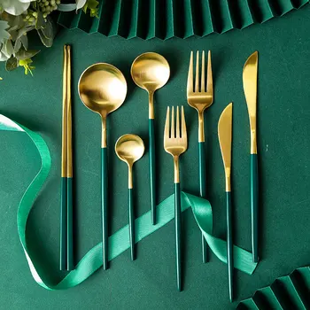 

Stainless Steel Dark Green Cutlery Set Dinnerware Set Gold Silverware Tableware Fork Knife Spoon Christmas Gift Dropshipping