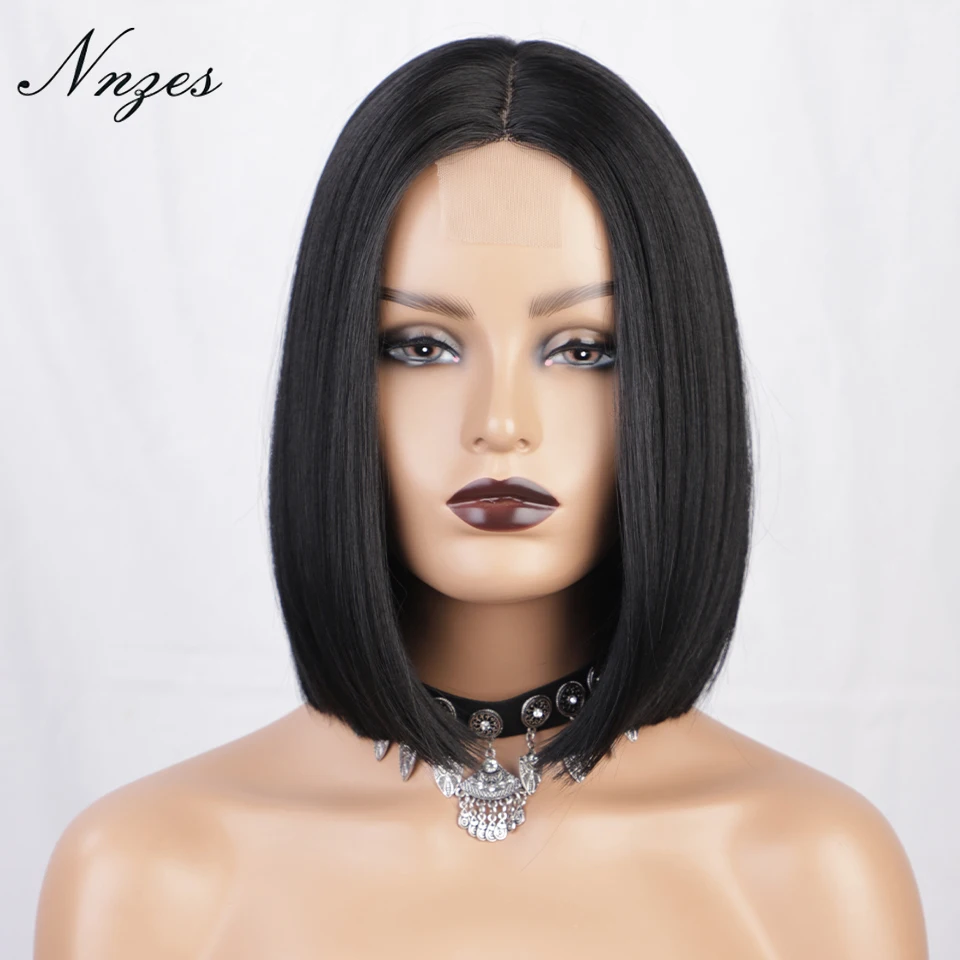 Black Wig Bob-Wigs Short Synthetic-Wigs Heat-Resistant-Fiber Middle-Part Brown Straight