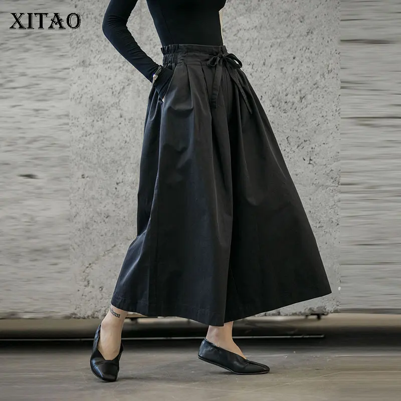 Женские винтажные широкие брюки XITAO черные элегантные с эластичным поясом в