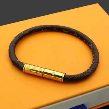 

Titanium steel ornament v-printed coffee pattern magnetic buckle leather bracelet lovers' Leather Bracelet