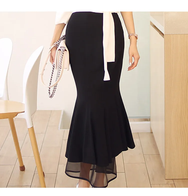 Осенний офисный Женский комплект из 2 предметов, Женская белая блуза с длинными рукавами, с вырезами, на шнуровке, с бантом, рубашка+ длинная юбка-Русалка с оборками, костюм