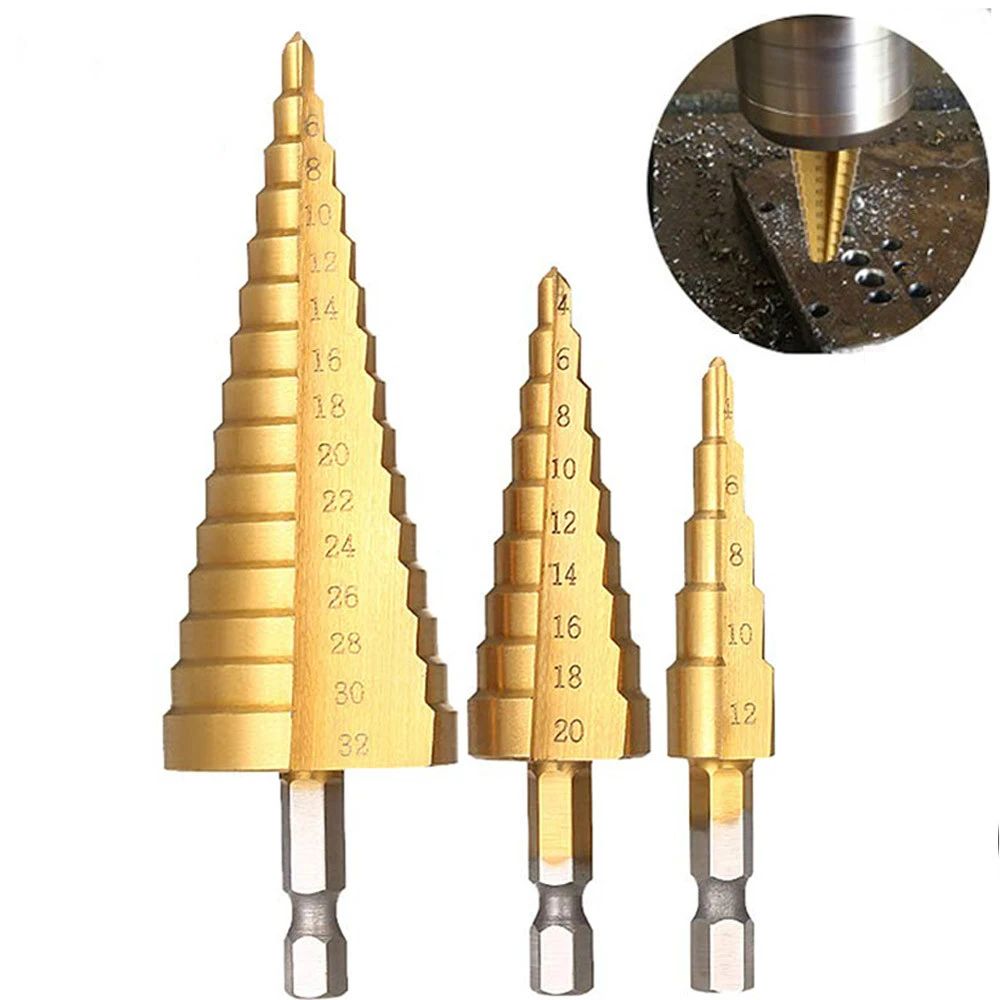 Step Drill Bit Multi‑Functional Three Flat Handles 3pcs Smoother Industrial Tools DIY Tools for Metalworking with Compact Shape 01 Spiral Step 