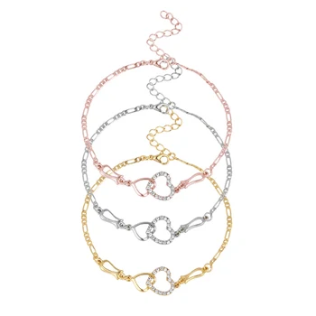 Doreen Box Anklet Heart Cubic Zirconia Gold Silver Color On Foot Ankle Bracelets For Fashion Women Leg Jewelry 25cm Long, 1 PC