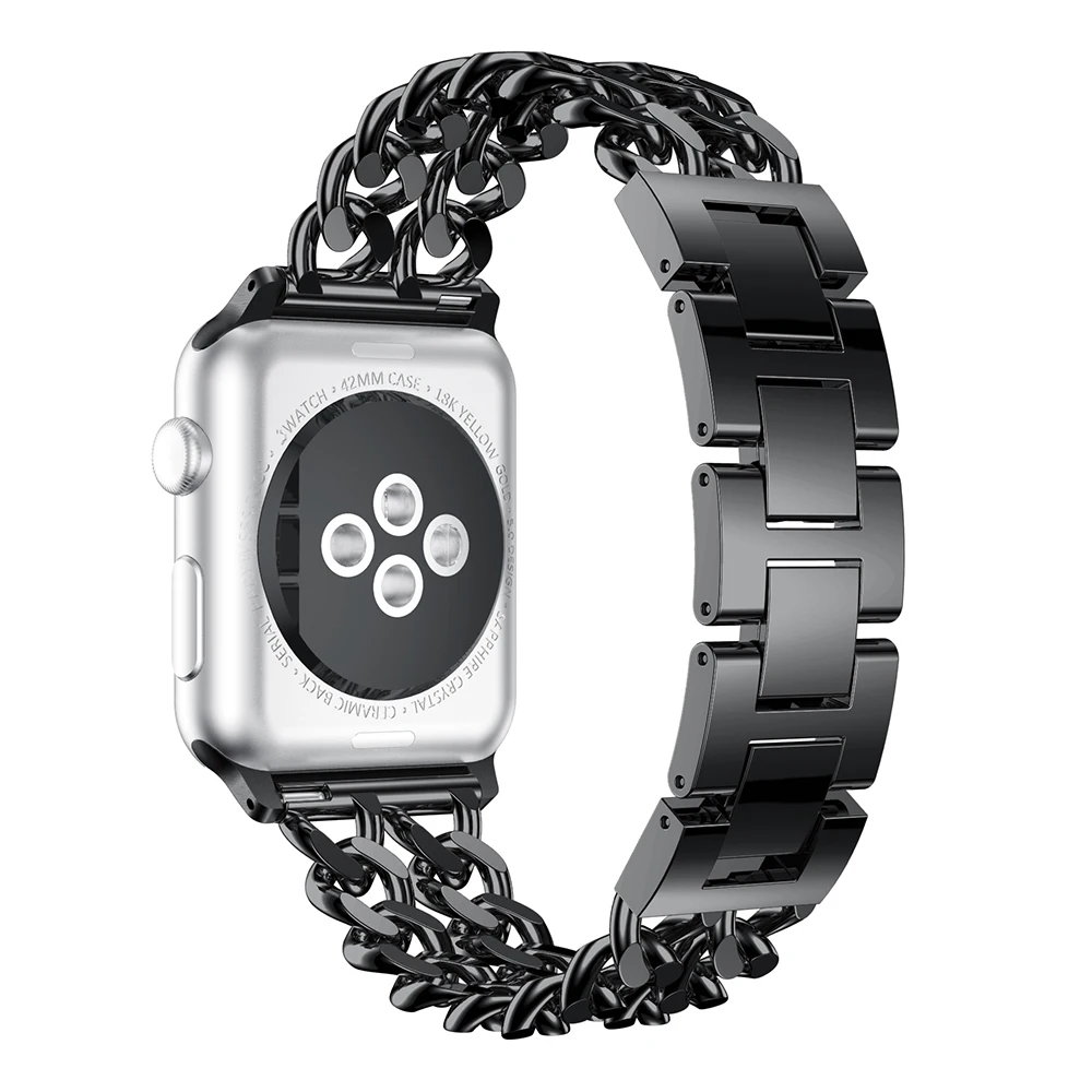 Твердый ремешок для часов из нержавеющей стали для apple Watch 5, 4, 3 серии, двухрядная цепочка, сменный Браслет 38 мм, 40 мм, 42 мм, 44 мм - Цвет ремешка: Черный