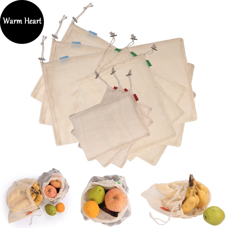 

3 PCS/6 PCS/9 PCS PCotton Mesh Vegetable Fruit Cotton Eco-friendly with Drawstring Reusable Washable for Home Shopping Kitchen