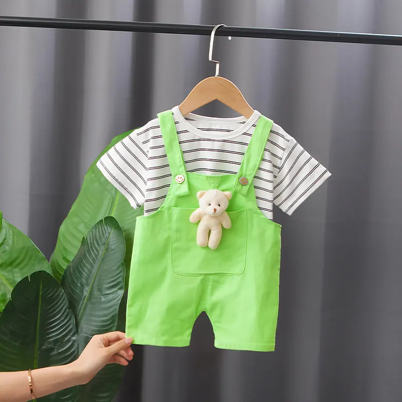 

Cute Baby Girl Boys Clothing Set Bib Cartoon Bee 2PCS/SET Clothing Striepd T-Shirt Short Overalls Infant Outfits Clothes Suit