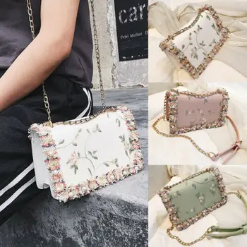 

Brand New Women Elegant Crossbody Handbag Leather Purse Bag with Chain Appliques Shoulder Strap Embroidery Bags