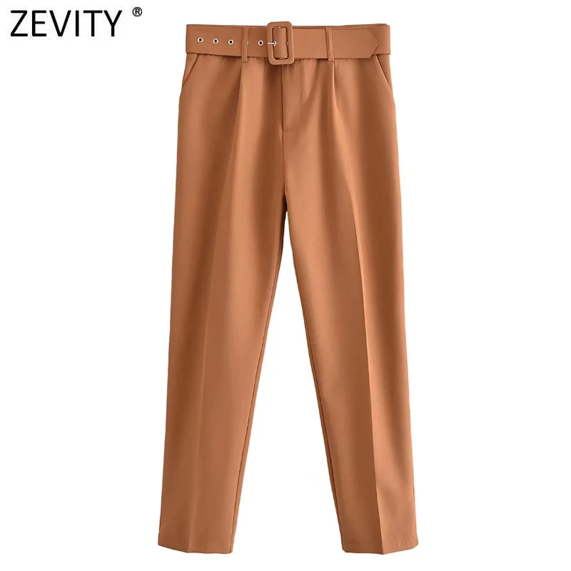 Zevity Women Fashion Solid Color Pocket Ankle Length Pants Femme Zipper Sashes Casual High Waist Trousers Pantalones Mujer P1275