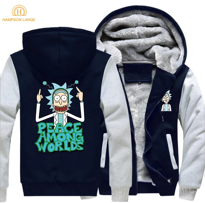 Science Moive Men Thick Winter Fleece Warm Jacket Rick and Morty Coat Hoodies Winter Coats Crazy Rick Peace Sweatshirt Jackets - Цвет: gray dark blue