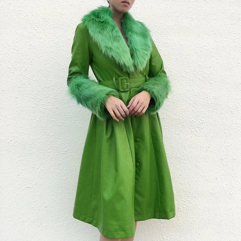 WannaThis Faux Leather Fur Coat Women With Belt Warm Thick Outwear PU Leather Streetwear Female Elegant Outwear Long Coat Green