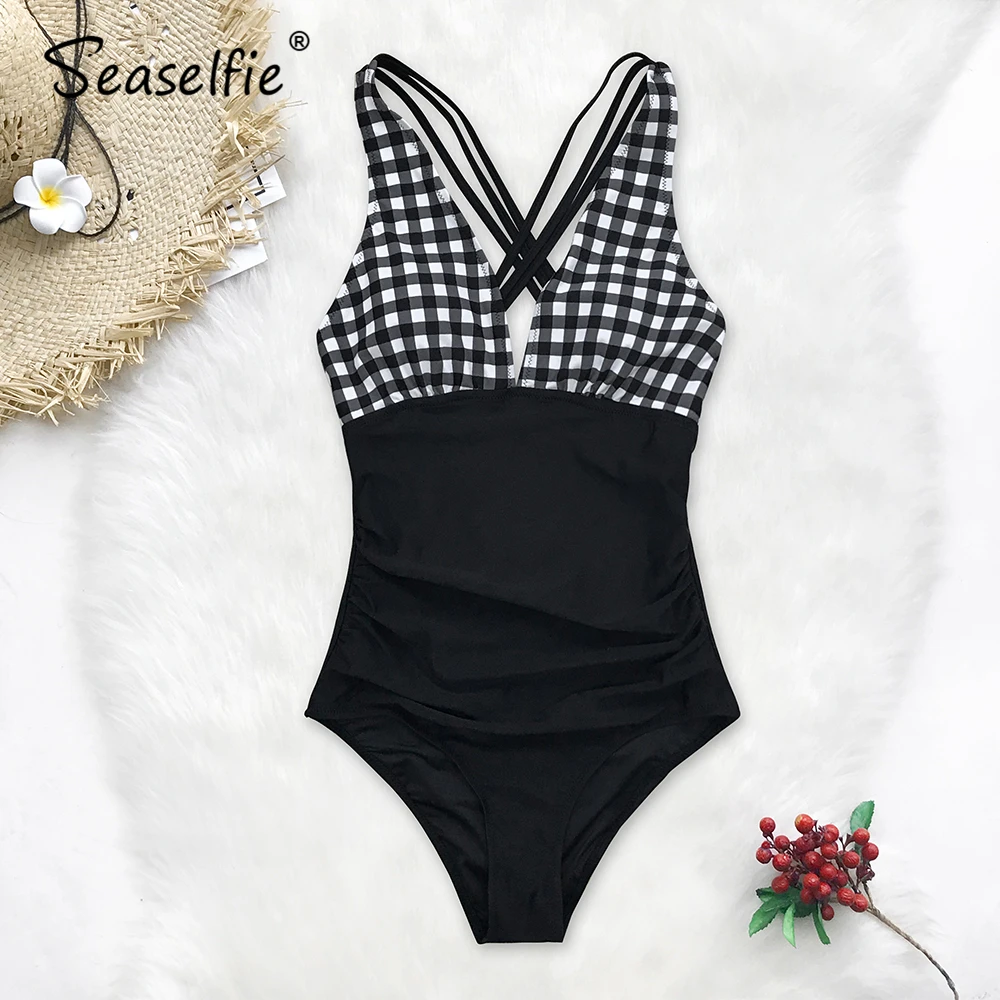 

SEASELFIE Sexy Black And White Gingham V-Neck Open Back One-Piece Swimsuit Women Monokini 2020 Beach Bathing Suit Swimwear