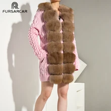 Модный женский розовый шерстяной свитер, шуба из натурального меха с лисьим воротником, шерстяное вязаное пальто из натурального меха, зимняя Длинная Верхняя одежда