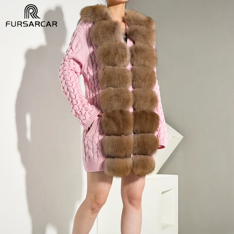 

FURSARCAR Fashion Women Pink Wool Sweater Real Fur Coat With Fox Collar Wool To Knit Natural Fur Coat 2019 Winter Long Outerwear