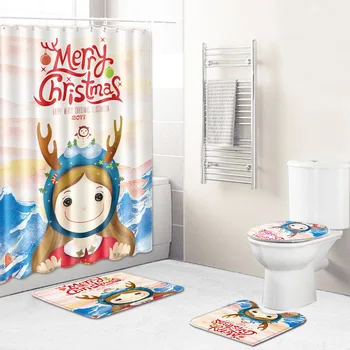 

Christmas Shower Curtain Mat Combination Four-Piece Set Bathroom Toilet Carpet Shower Room Mat Mat Cross-Border Hair