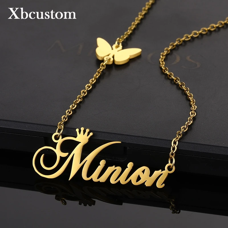 Collar personalizado con colgante de mariposa para mujer, cadena de corona de acero inoxidable, placa con nombre, Gargantilla, joyería