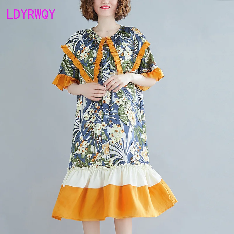 

Palace style 2020 plus size women's summer loose French retro dress Knee-Length Zippers Office Lady