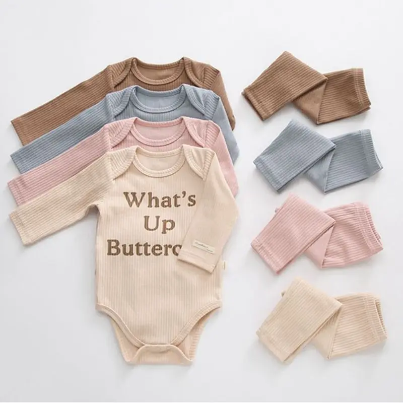 

2021 Newborn Cotton Baby Boys Girls Clothes Set Spring Autumn Baby Long Sleeve Bodysuit Tops Pants Letter Print Baby Costume