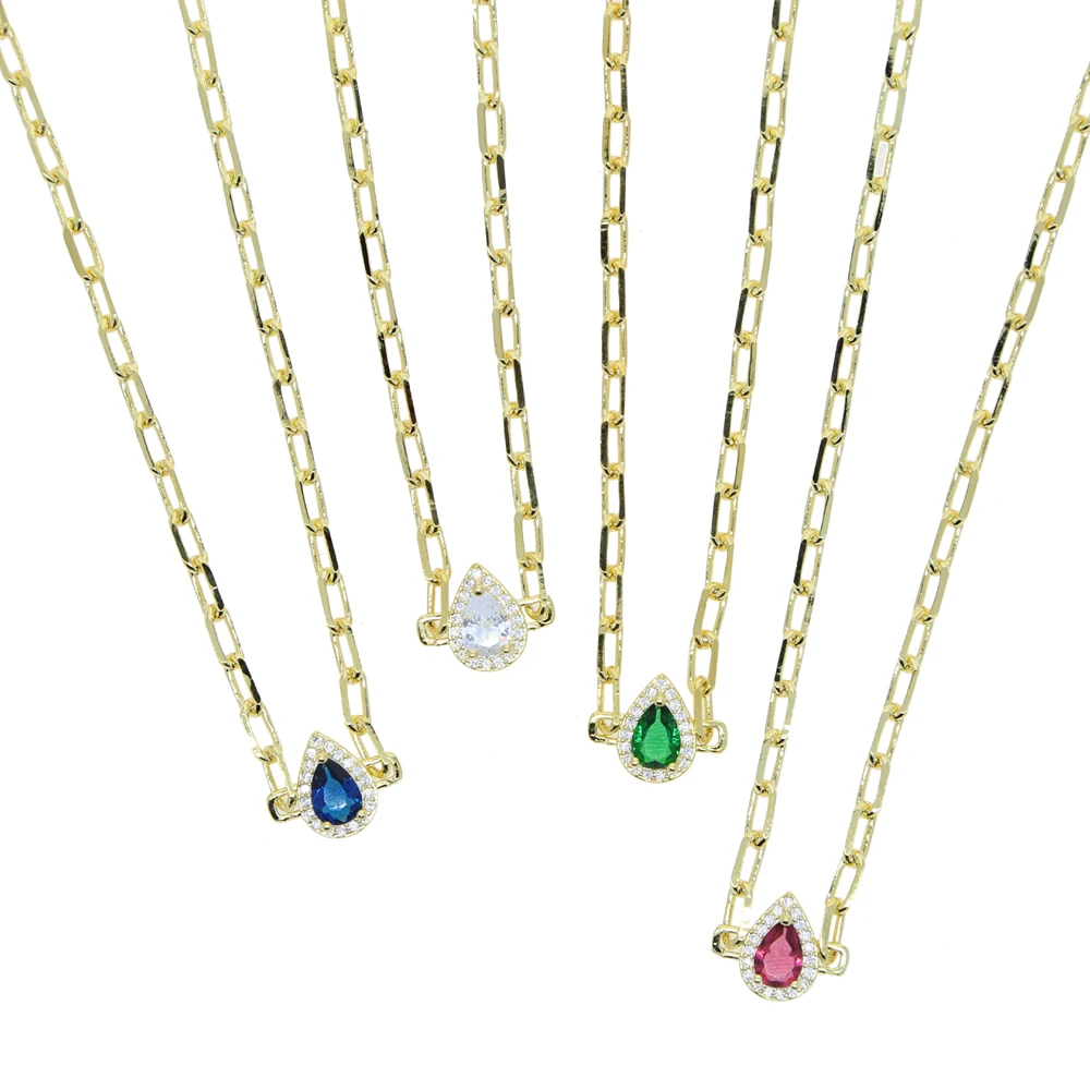 

Colorful Birthstone tear drop cubic zirconia open link chain paper clip women necklace