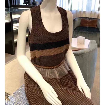 

Cosmicchic 2020 Stripe Knitted Vest Women Runway Design Sleeveless Handwoven Brown Casual Pullover Retro Knitting Stitching Top