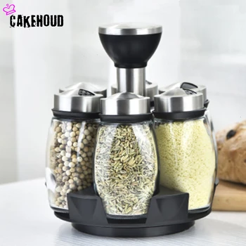 

European 6 Cans 360° Rotating Spice Rack Storage Box Lead-free Glass Seasoning Box Cruet Kitchen Storage Rack Storage Tank