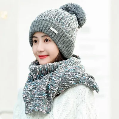 Вязаный шарф с капюшоном бесконечность для женщин Зимняя теплая шапка-маска женские модные милые шарфы теплая шапка толстый шарф 2/комплект - Цвет: gray