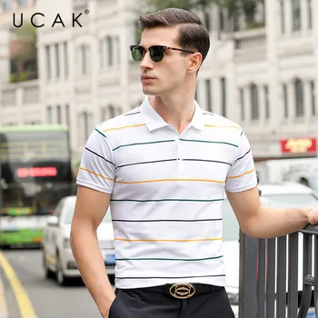 

UCAK Brand Striped Cotton T Shirt Homme Summer Short Sleeve Tshirt Men Cltohes Streetwear Turn-down Collar T-shirt Men U5234