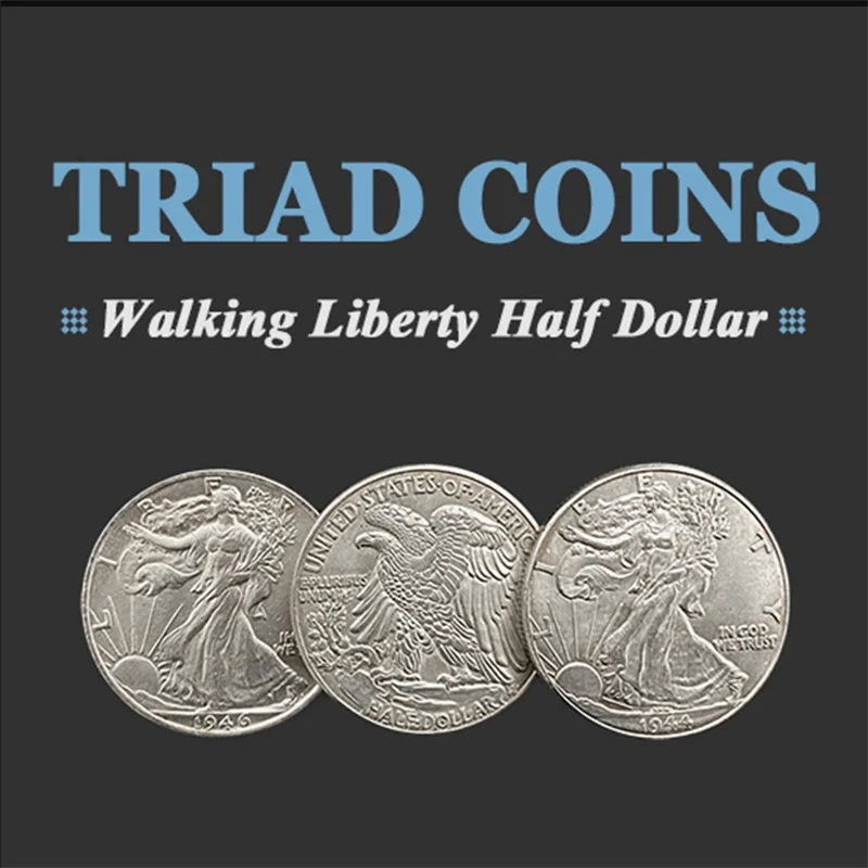 Triad Coins (Walking Liberty Half Dollar Gimmick) Magic Tricks Stage Close Up Produce Vanish Change Three Coin Magia Gimmick plastic three cups three balls in gold color small magic tricks close up magia ball appear vanish magie illusion gimmick props