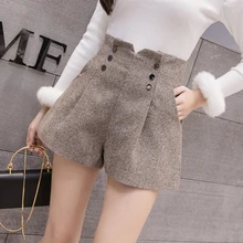 Модные, женские, шерстяные шорты новая двубортная Высокая Талия шерстяные шорты зимние женские Повседневное широкие шорты