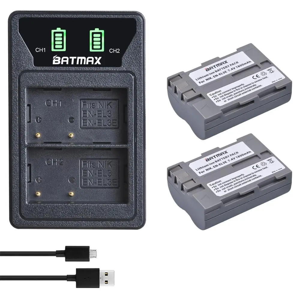 2Pcs 1800mAh EN-EL3e EN EL3e ENEL3e Camera Battery Bateria + Built-in USB LED Charger for Nikon D30 D50 D70 D70S D90 D80 D100