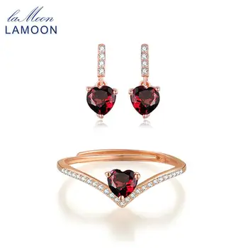 

LAMOON V Shape 100% 925 Sterling Silver Jewelry Sets Love Heart Natural Garnet Gemstone S925 Fine Jewelry For Women V004-10